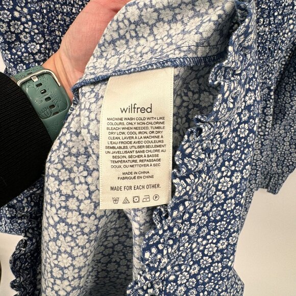 Wilfred Dress‎ Womens 0 Blue White Floral Cotton Smocked Waist Zip Back Ruffle - Picture 9 of 10